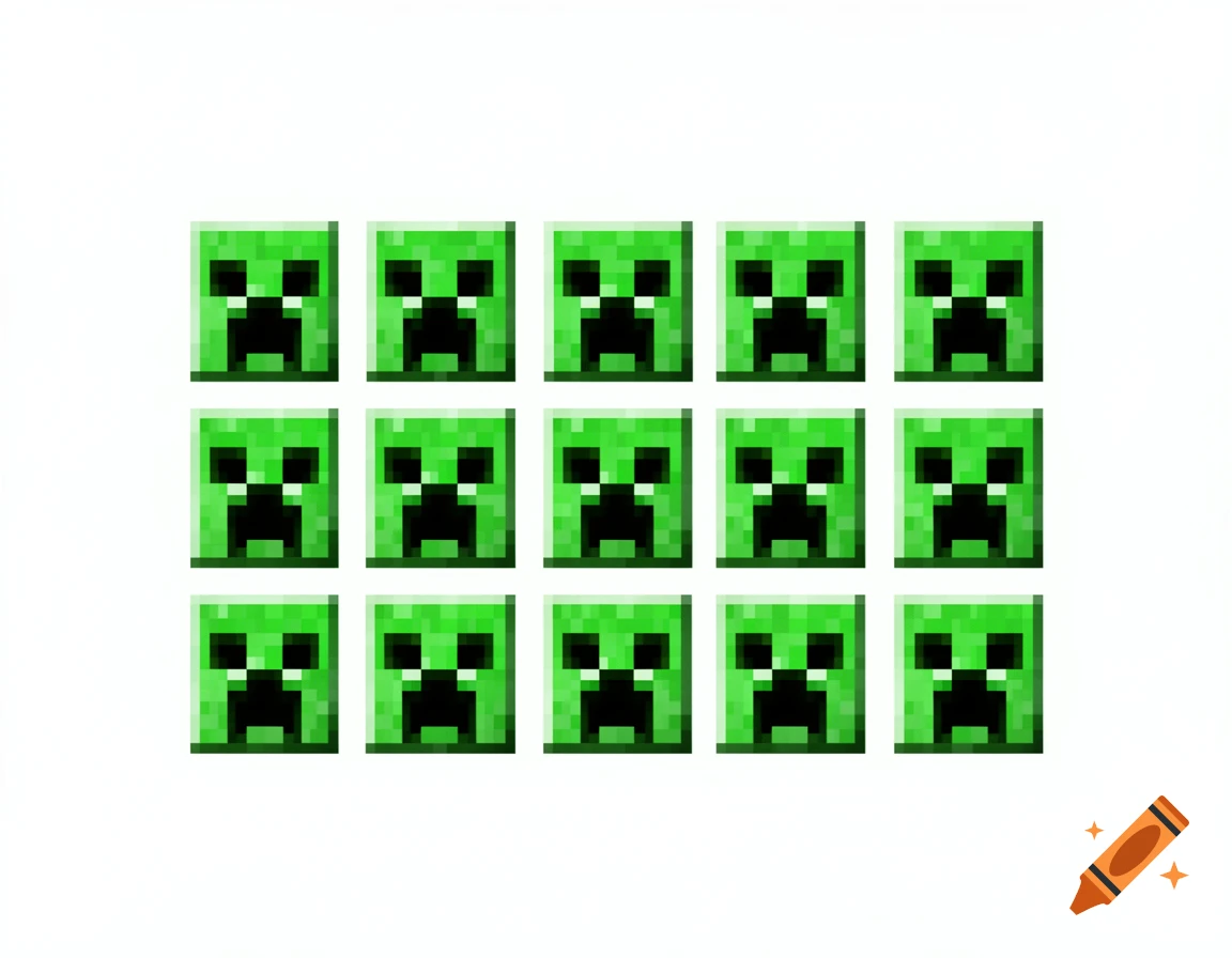 A grid of fifteen pixelated green Creeper faces from Minecraft on a white background.