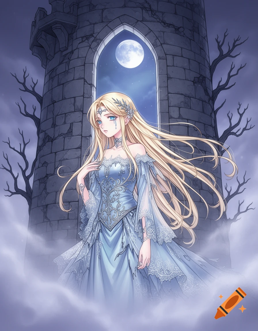 Anime princess with long blonde hair and blue eyes, crying in a blue gown, stands before a stone tower arch under a full moon.