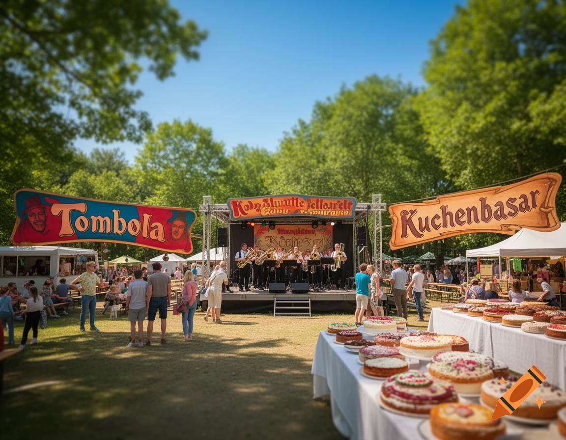 A lively outdoor village festival with people, a brass band on a stage, and stalls selling cakes and hosting a tombola, under a clear blue sky.