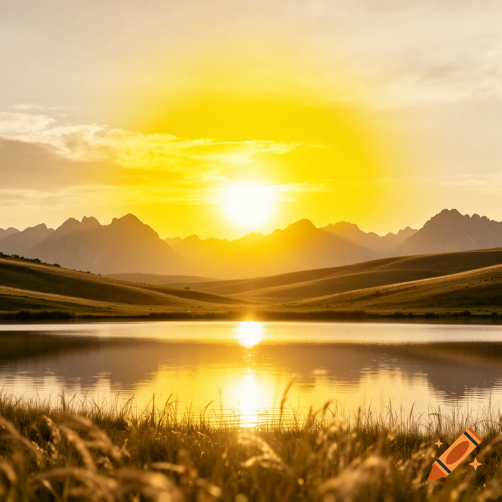 Brilliant golden sunset over a calm lake with rolling hills and silhouetted mountains, tall grass in foreground.