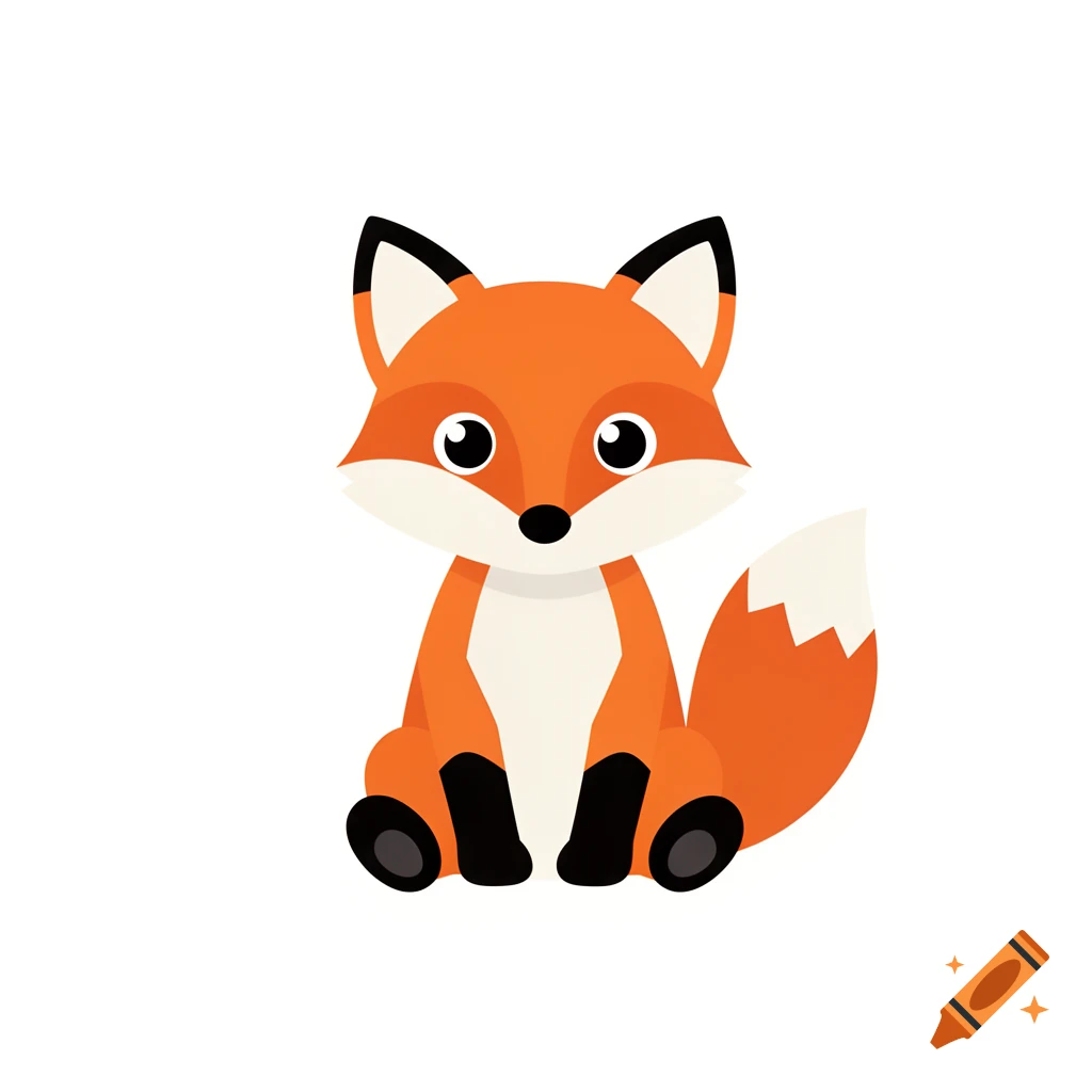A cute, cartoon-style orange fox with white and black markings sits looking forward on a white background.