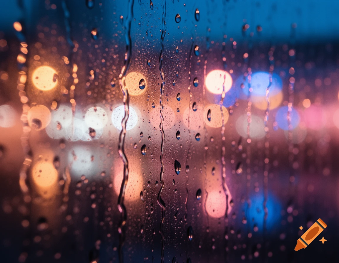 Raindrops streaking down a window with blurred, colorful city lights in the background at night, photorealistic.
