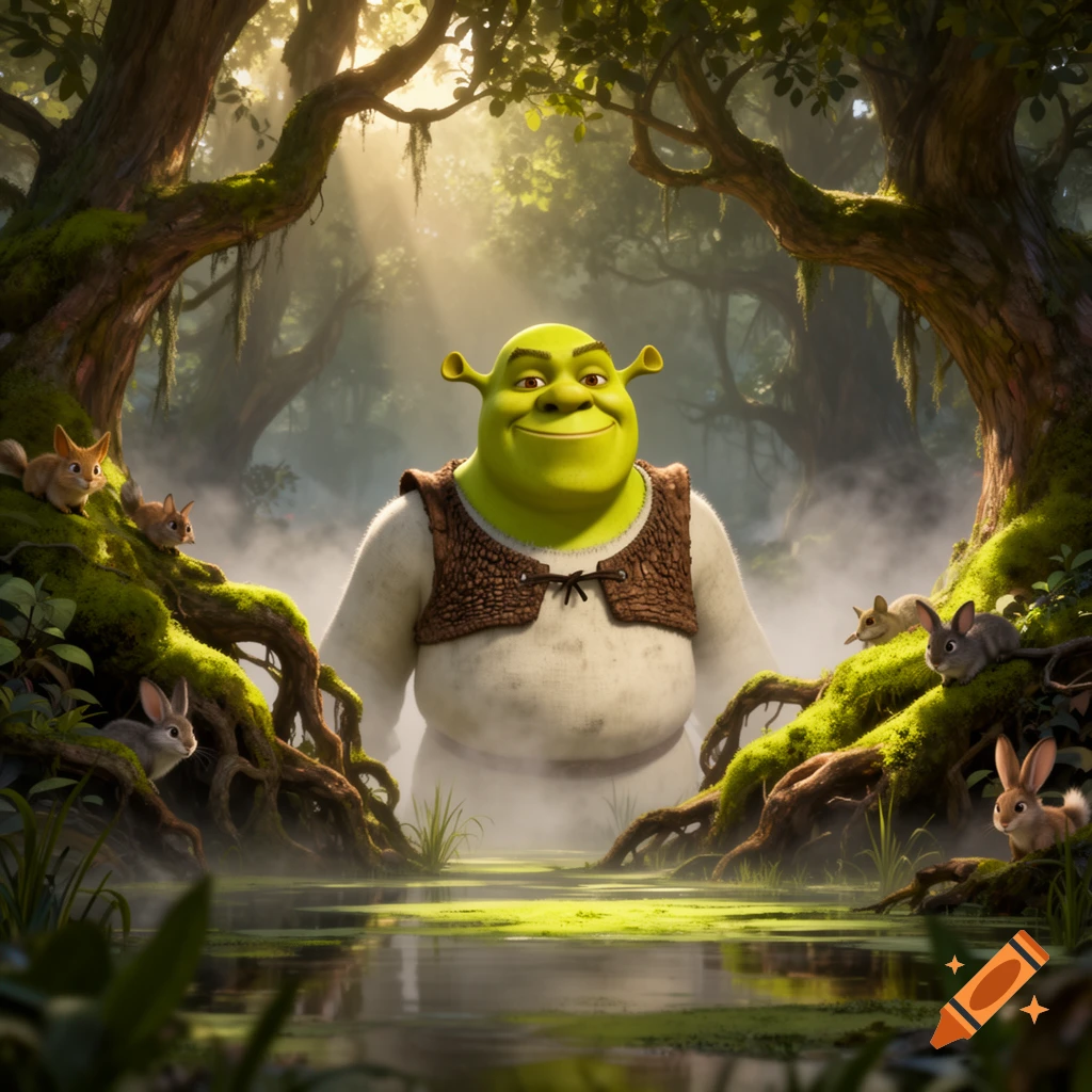 Shrek smiles in a magical, sunlit swamp, surrounded by small forest animals like rabbits and squirrels, digital art.
