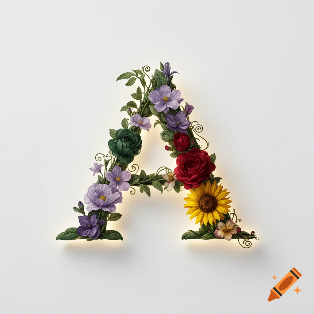 A decorative letter A formed by lush green vines and colorful flowers with a subtle glowing edge on a white background.