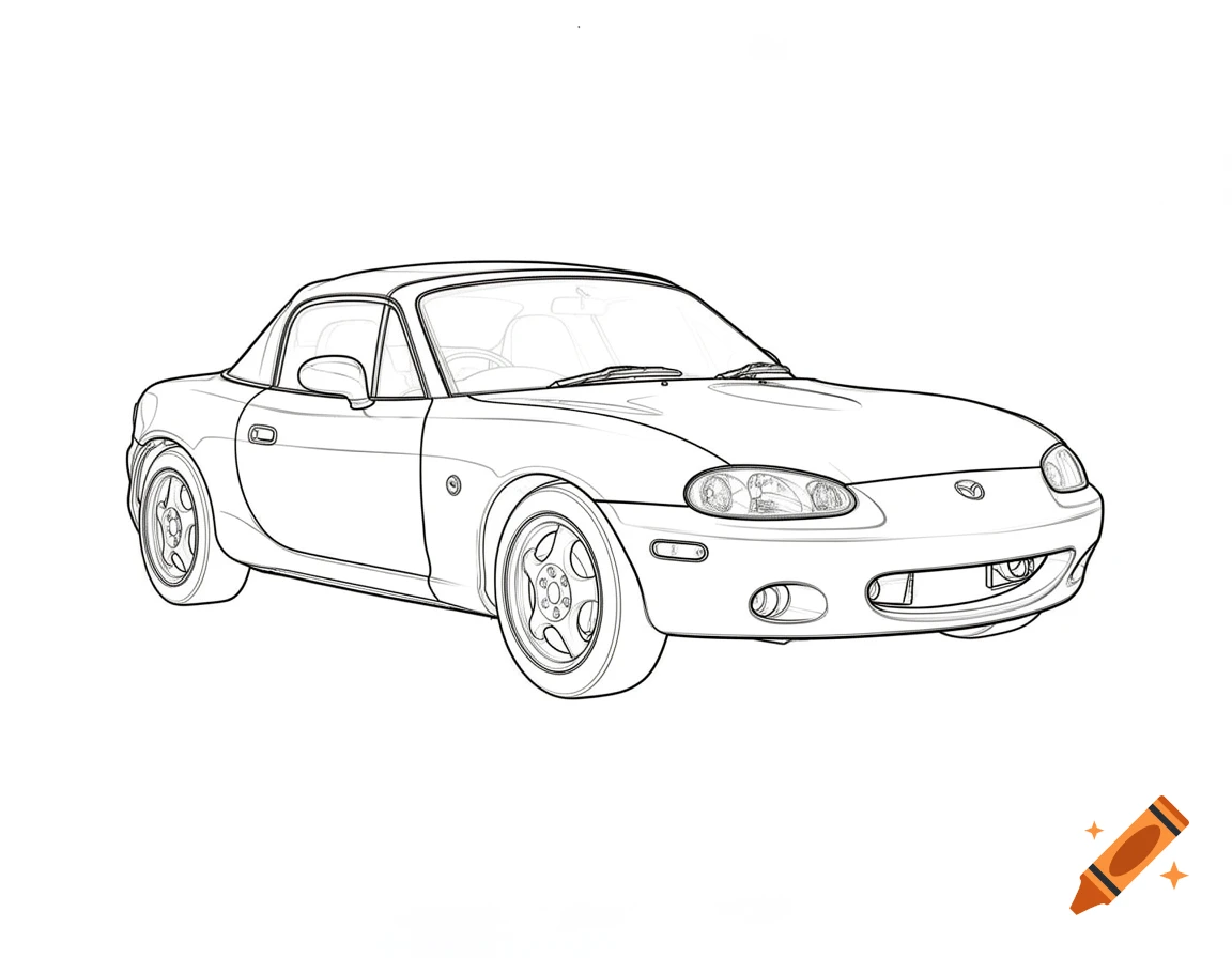 A black and white line drawing of a Mazda MX-5 NB convertible car.