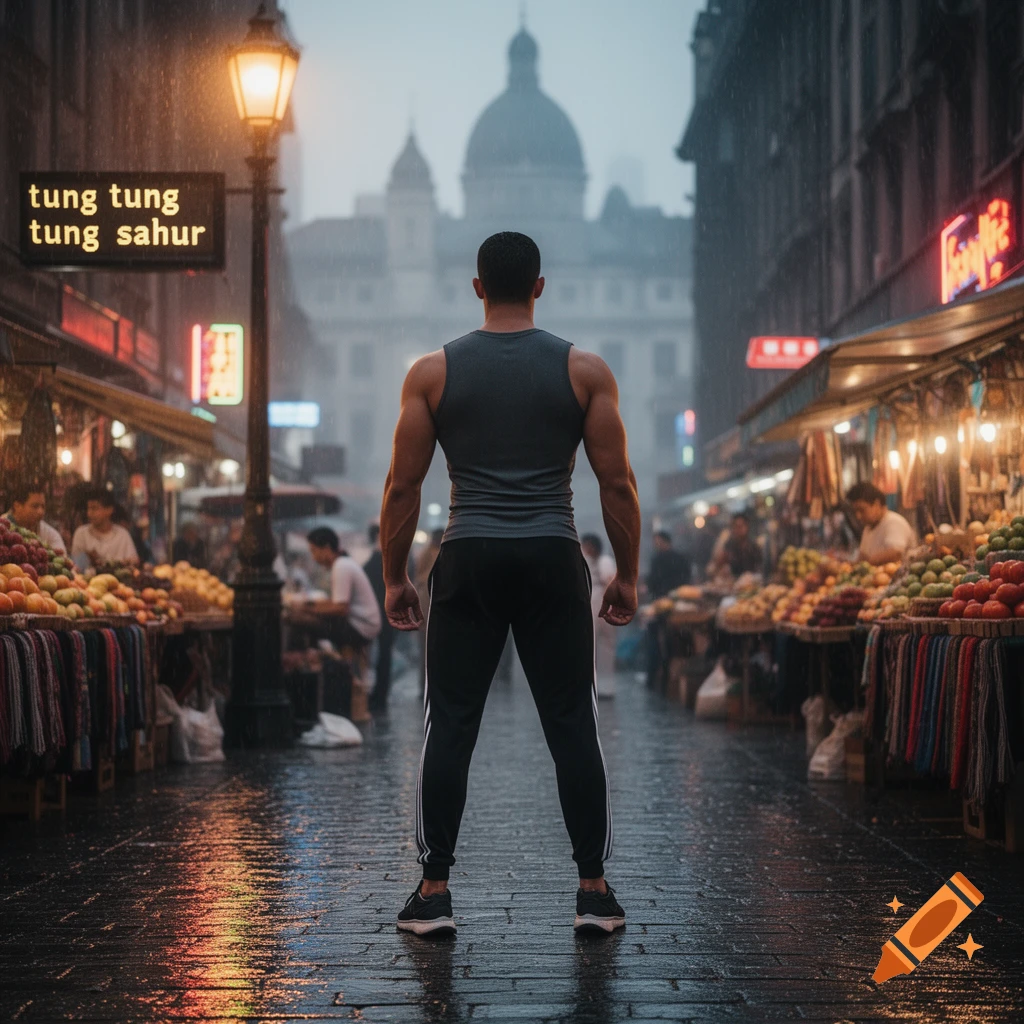 A muscular man stands with his back to the camera, looking down a rainy street market with fruit stalls, a lamp post, and a distant domed building.