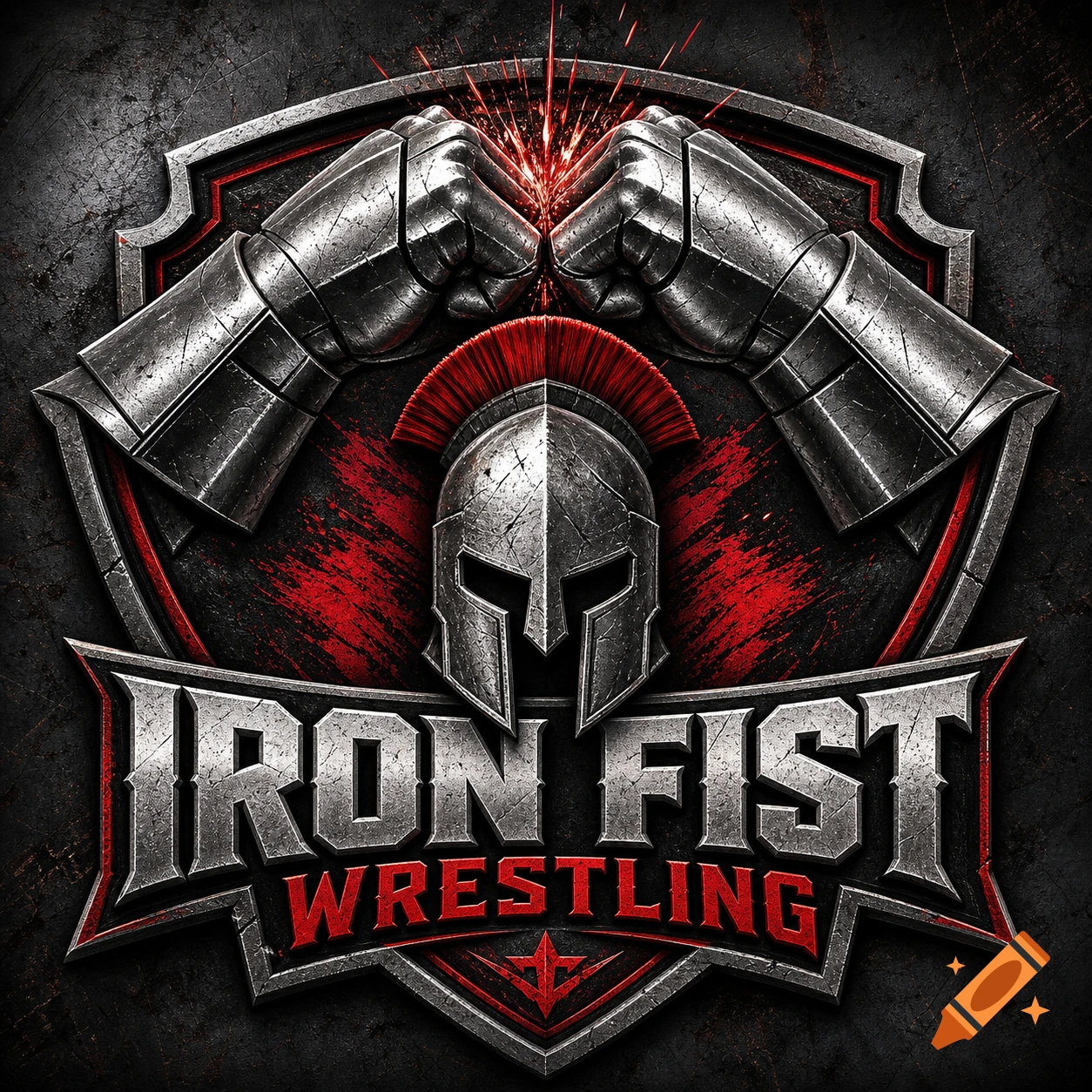 Dark, metallic logo for 'Iron Fist Wrestling' with armored fists clashing above a Spartan helmet against a distressed red and black background.