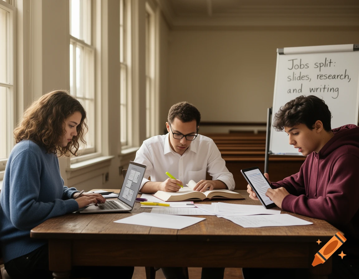 Three students study at a wooden table. One uses a laptop, one writes in a book, and one reads a tablet. A whiteboard lists 'Jobs split'.