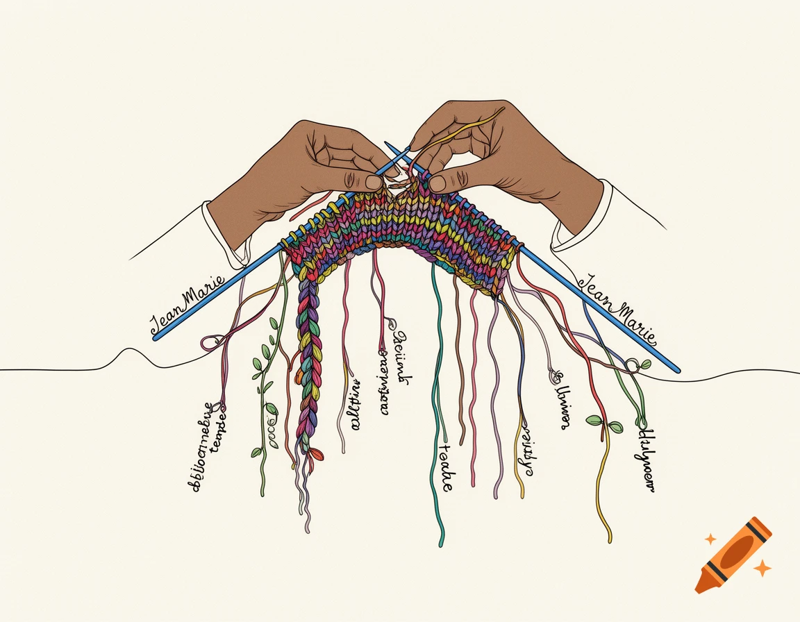 Illustration of hands with brown skin knitting colorful yarn on blue needles, with various illegible words written on long, dangling threads.