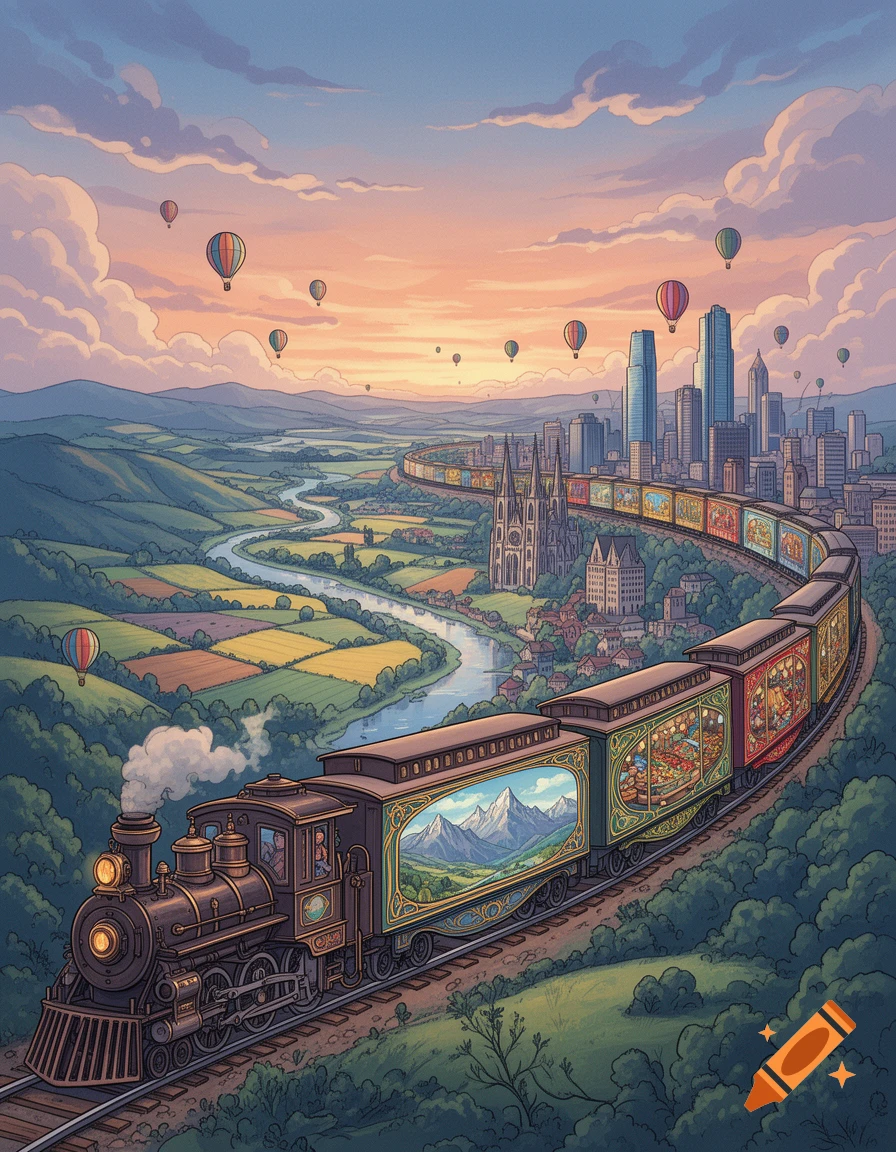 Whimsical illustration of an ornate train traveling through a vibrant country landscape with a city and hot air balloons at sunset.