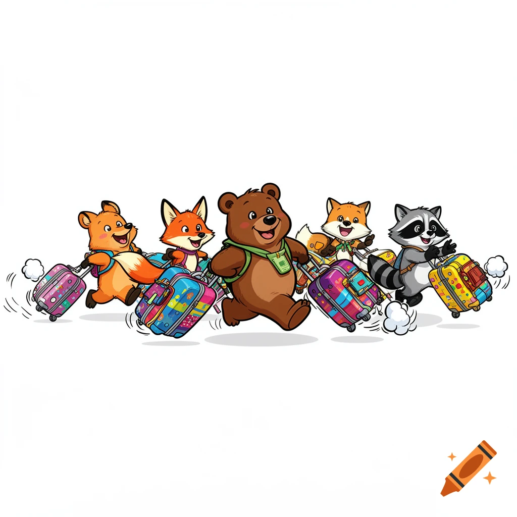 Five happy cartoon animals, including a bear, racoon, and foxes, pulling colorful rolling suitcases, running as if going on vacation.