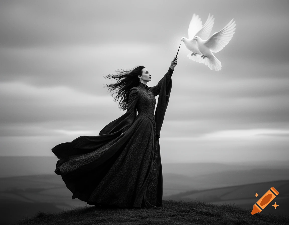 A woman in a long dark dress stands on a hill, conjuring two glowing white doves with a wand, against a cloudy sky and distant hills in black and white.