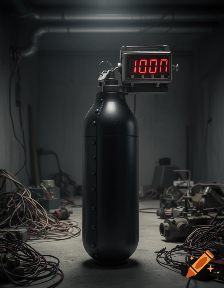 A dark, ominous image of a large, black, cylindrical bomb-like device with a digital display showing "1000" on top, surrounded by tangled wires in a dimly lit, industrial setting.