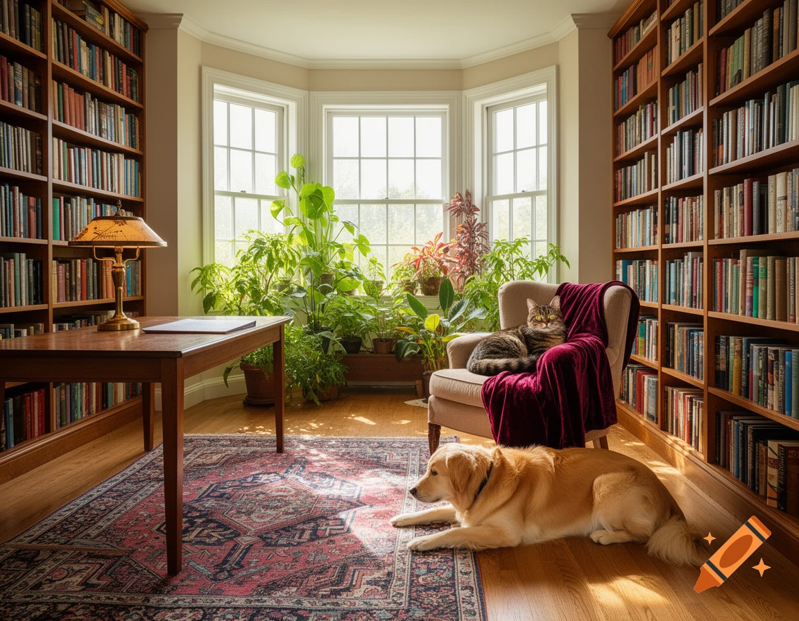 A golden retriever lies on the floor, while a tabby cat naps in a chair, in a sunlit home library with tall bookshelves, a wooden desk, and many plants by a bay window.