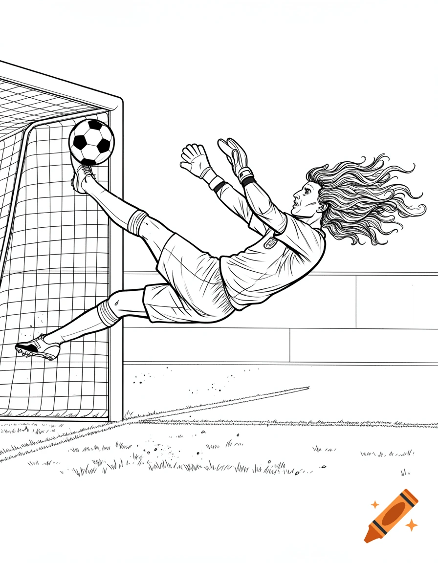 Black and white line art of a soccer player mid-air performing a scorpion kick, sending the ball into the goal. The player has long, flowing hair.