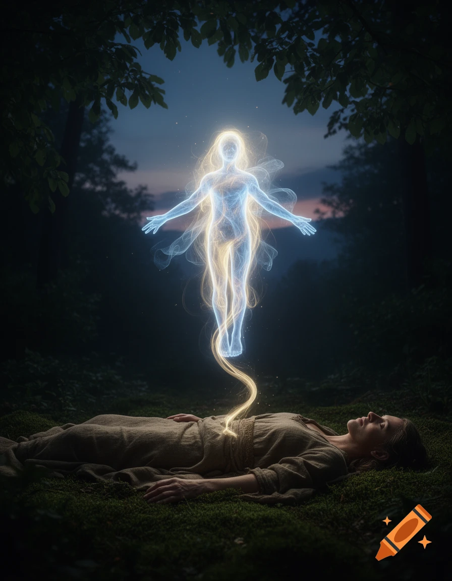 A glowing ethereal figure rises from a sleeping person on a forest floor at dusk, connected by a stream of light.