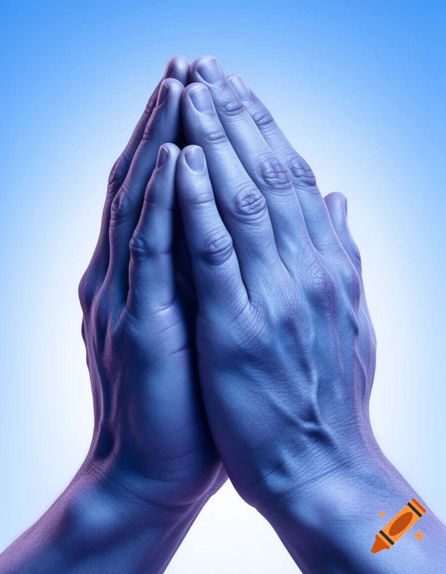 Two hands clasped together in prayer, rendered in stylized blue and purple tones against a gradient blue background.