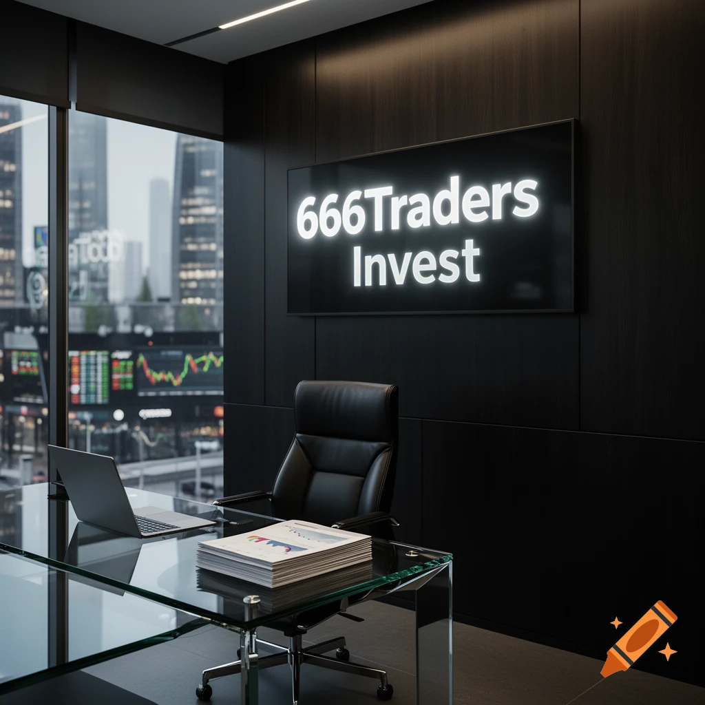 A modern, dark-toned office with a glass desk, laptop, and a screen displaying '666Traders Invest'. Cityscape visible outside.