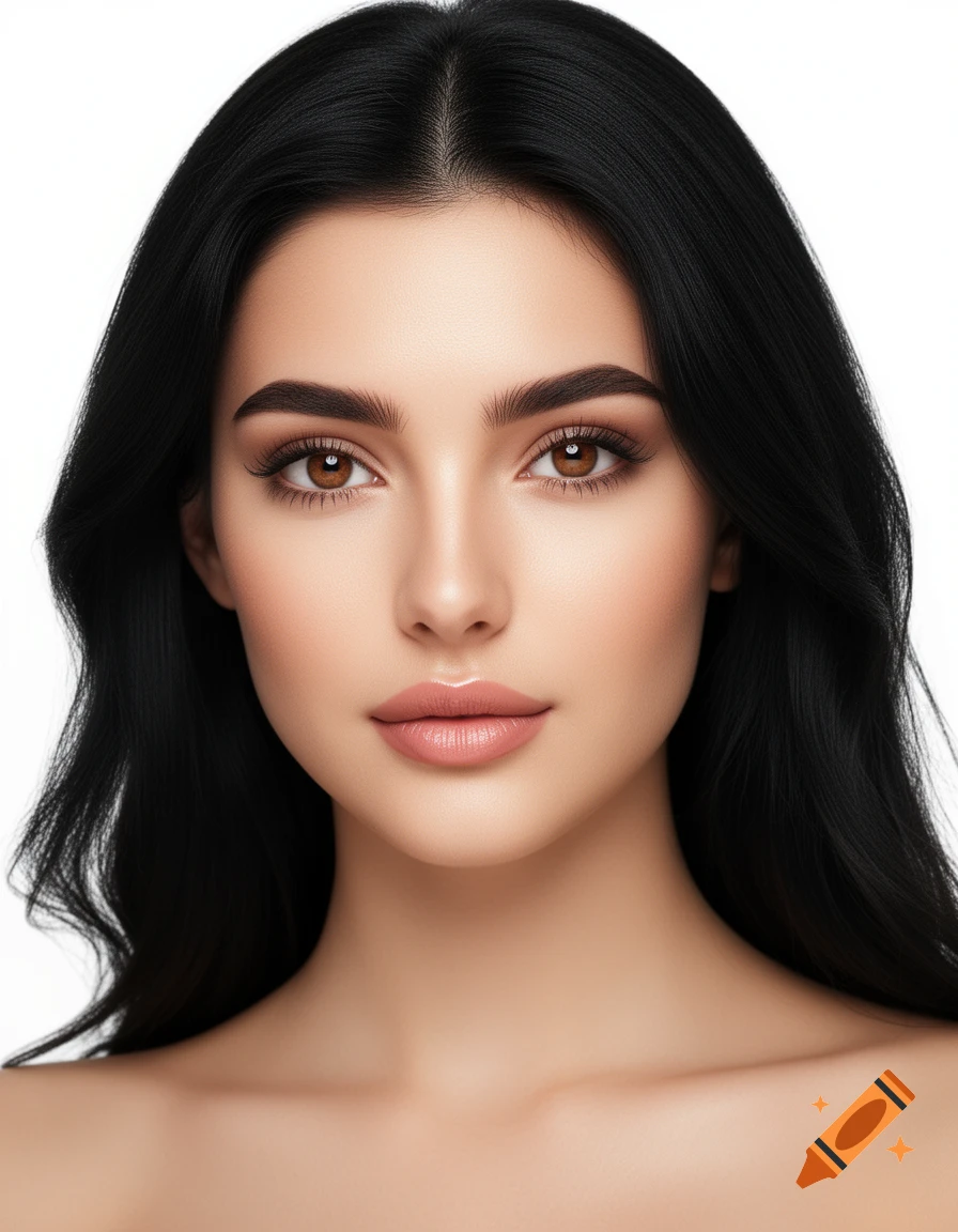 Photorealistic portrait of a young woman with long black hair, brown eyes, light makeup, and bare shoulders against a white background.