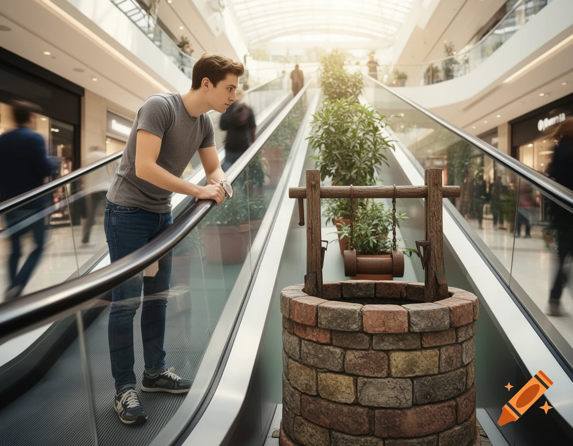 A young man on an escalator in a bright shopping mall looks towards a brick well with a wooden frame.