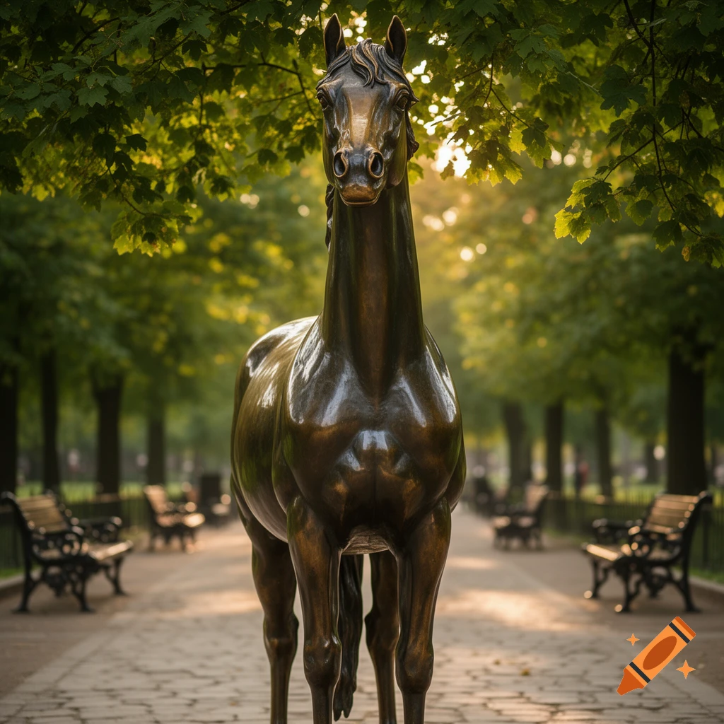 A photorealistic bronze horse statue stands majestically on a paved path in a sunlit park, framed by green trees and benches.