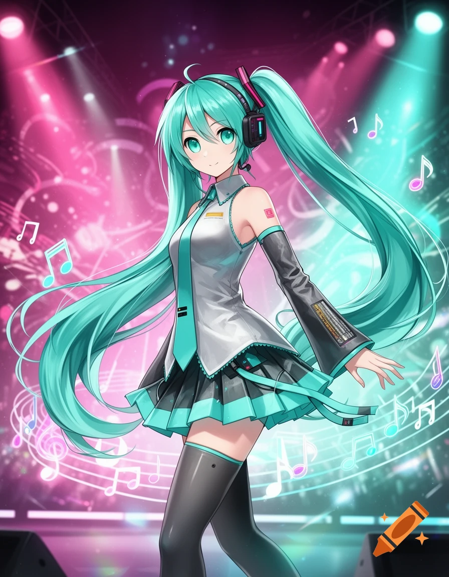 An anime-style illustration of Hatsune Miku on stage, wearing her iconic teal and grey outfit, against a vibrant pink and teal spotlight background with floating musical notes.