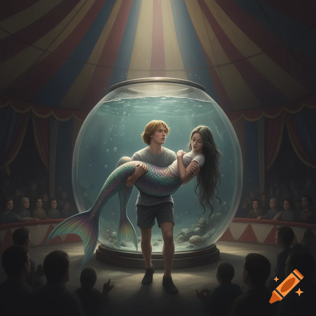 A young man carries a sad mermaid with a shimmering tail toward an oval aquarium on a circus stage, watched by an audience.