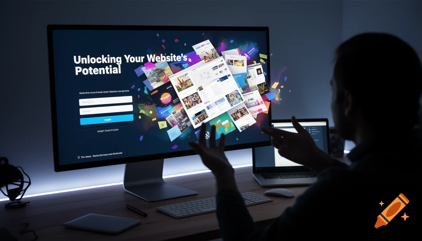 A person looking at a computer monitor displaying a website design with the title 'Unlocking Your Website's Potential' and various web page mockups floating around it. A laptop and keyboard are on the desk, illuminated by LED light strips.