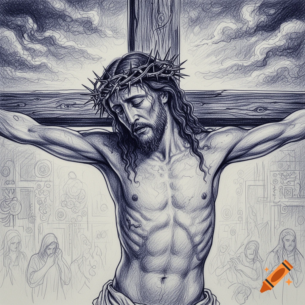 Ballpoint pen drawing of Jesus on the cross, wearing a crown of thorns, against a cloudy sky with faint background figures.
