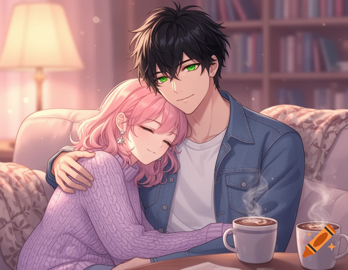 An anime couple cuddling on a couch indoors with coffee mugs, a lamp, and a bookshelf in the background.