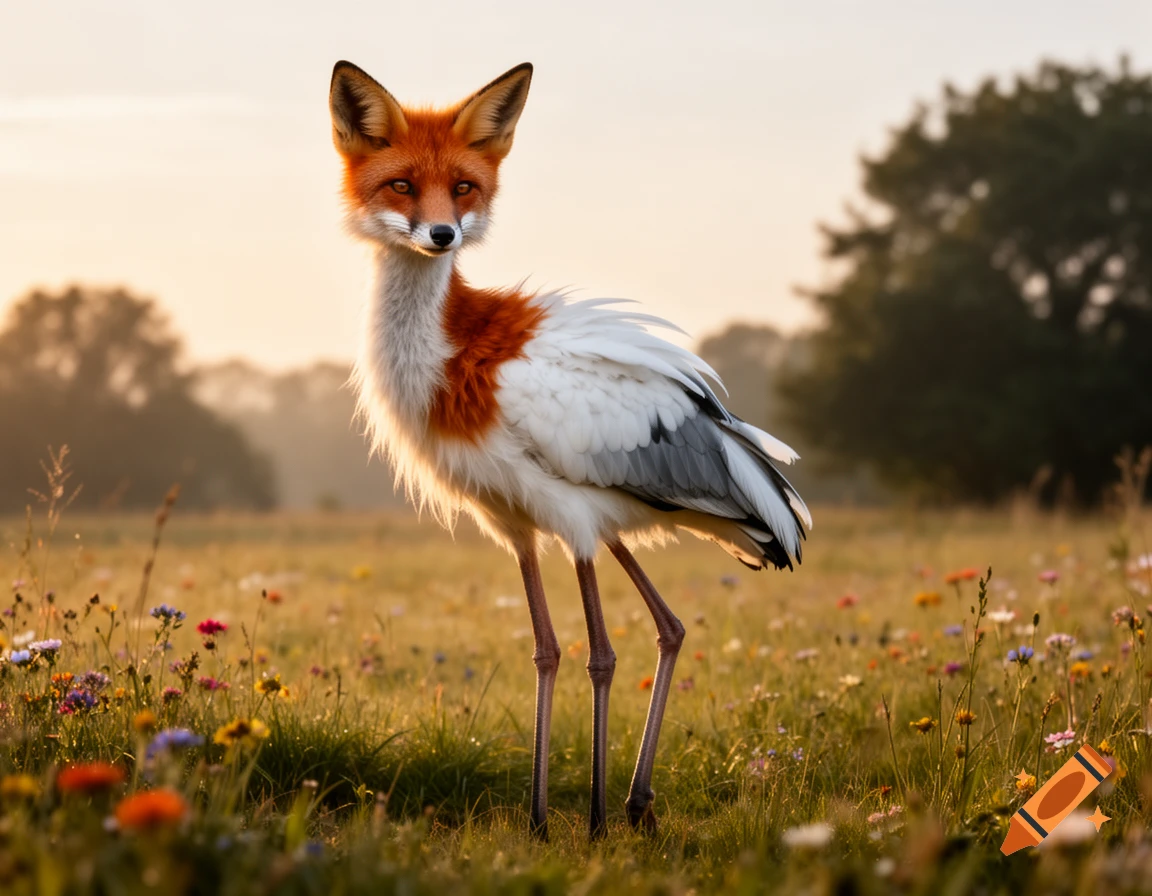 A photorealistic image of a hybrid creature with a fox's head and a stork's body standing in a sunlit field with wildflowers.