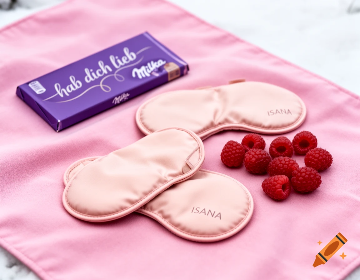 A purple Milka 'hab dich lieb' chocolate bar, two pink 'ISANA' eye masks, and fresh red raspberries on a pink cloth.
