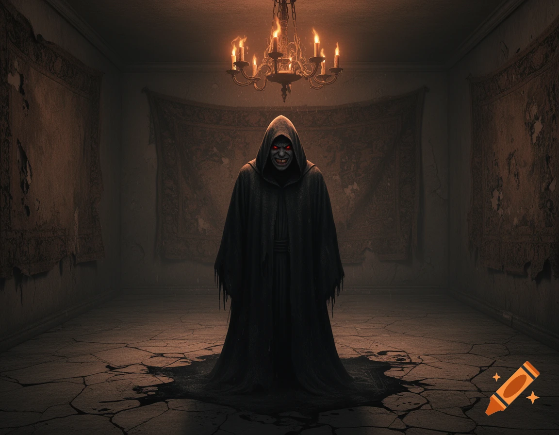 A hooded dark figure with glowing red eyes stands in a dilapidated room under a flickering chandelier.