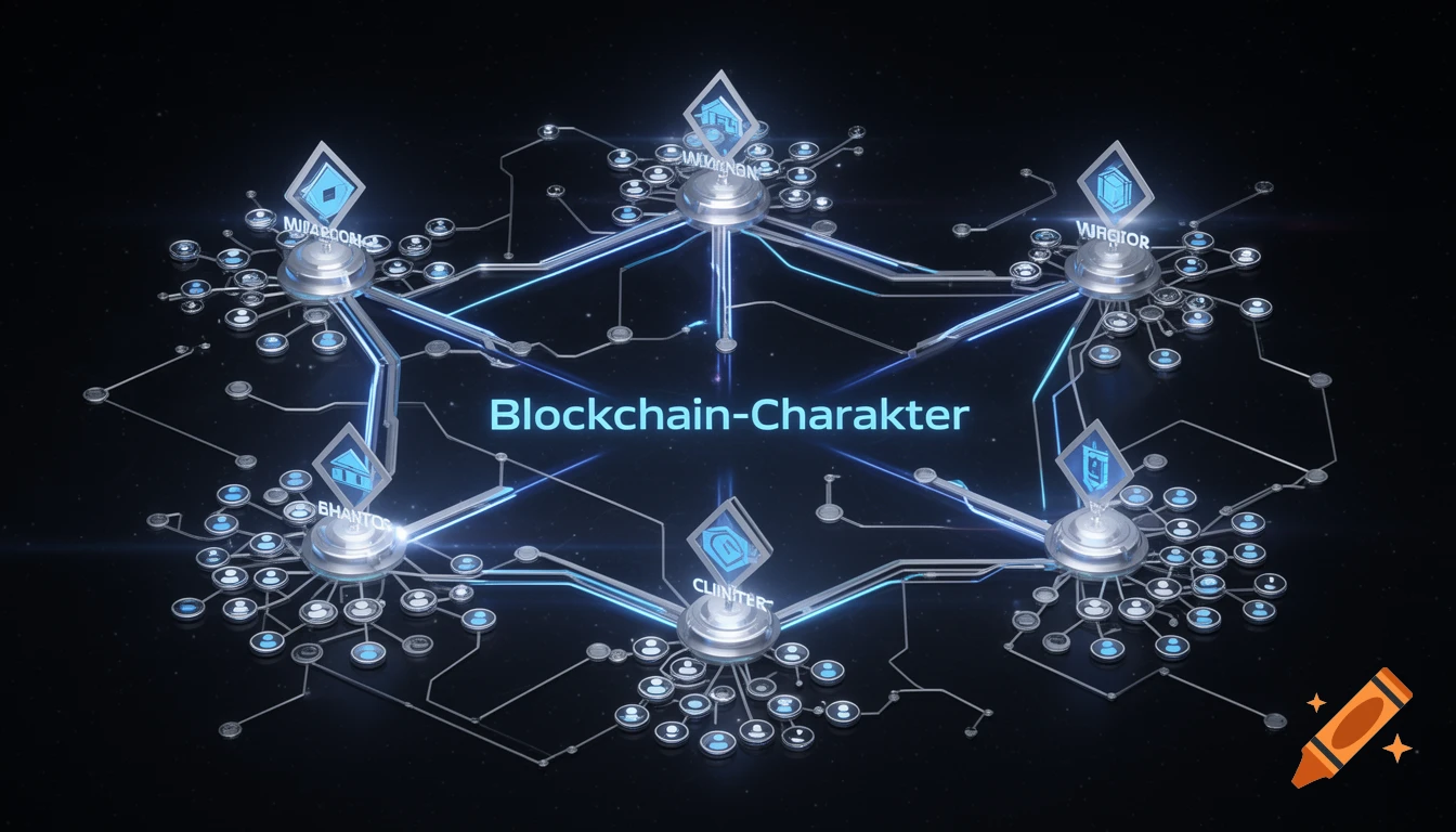 A futuristic network diagram shows a central text 'Blockchain-Charakter' connected by glowing blue lines to five nodes with icons and garbled labels, surrounded by smaller user icons on a dark background.