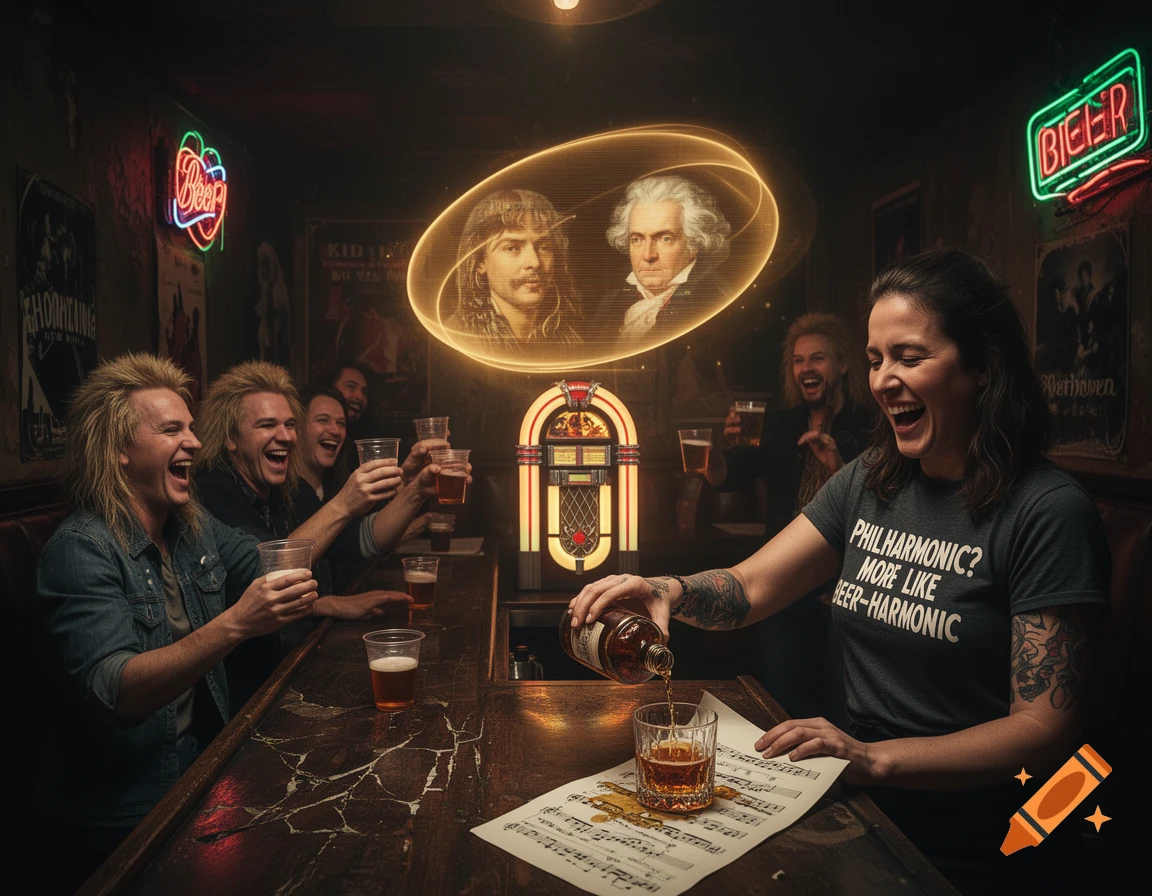 People with mullets laugh in a dimly lit bar, a woman pours whiskey over sheet music, wearing a 'Beer-harmonic' shirt. A holographic jukebox projects a morphing image of Kid Rock and Beethoven.