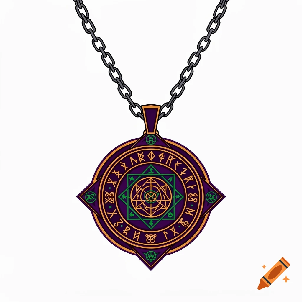 A stylized purple and gold circular necklace pendant with green magical symbols and runes, hanging from a black chain.