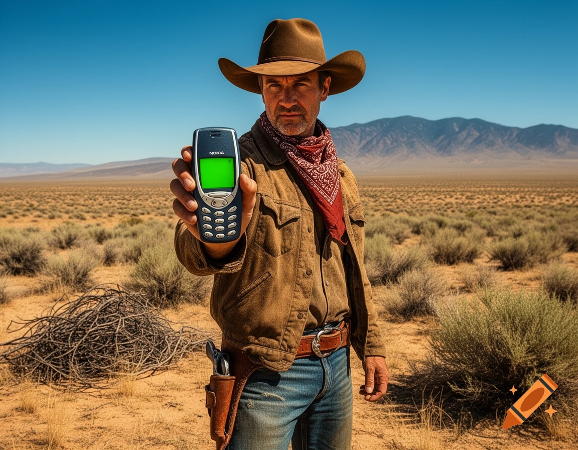 A cowboy in a brown hat and jacket holds up a vintage Nokia phone in a vast, sunny desert landscape.