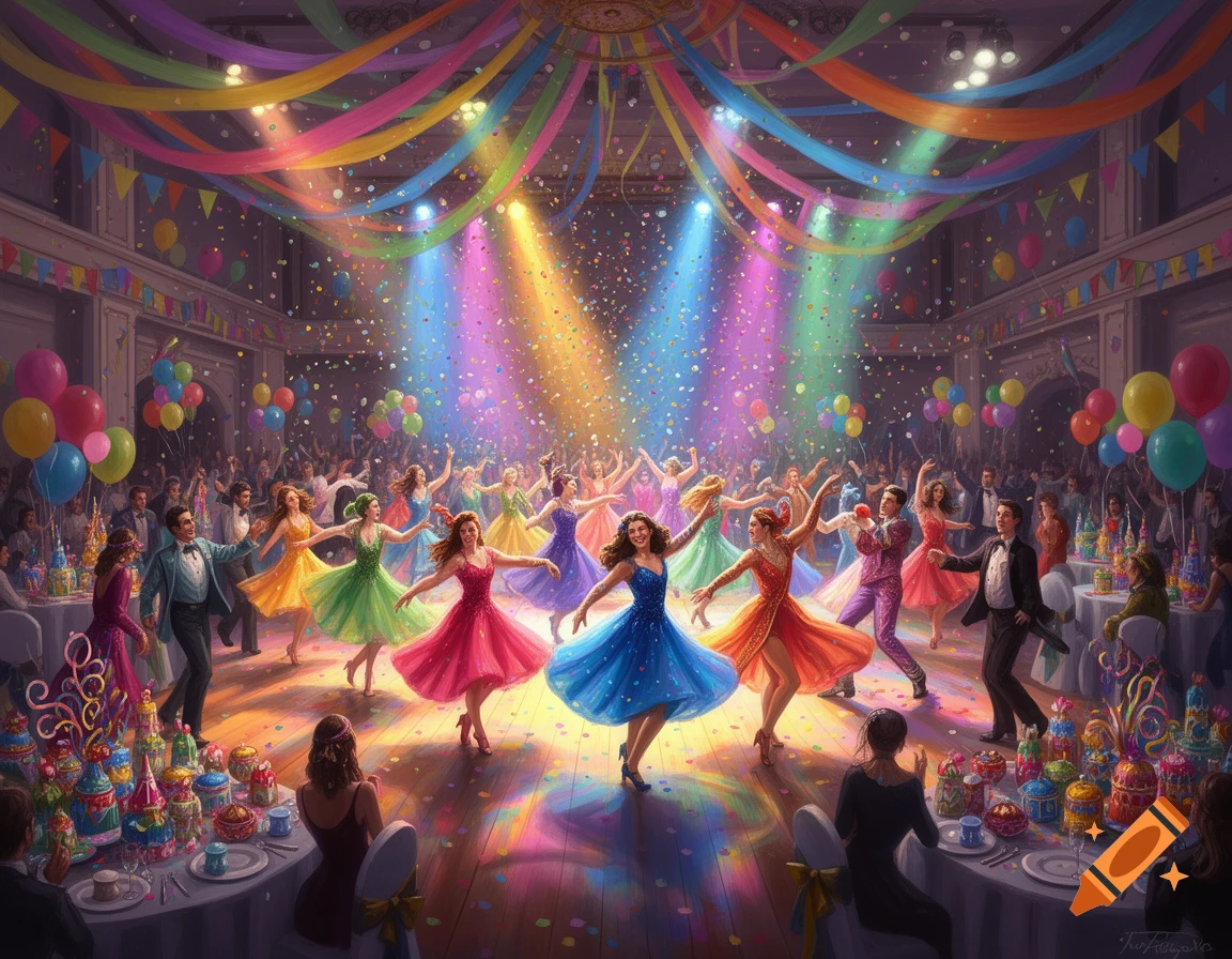 A grand birthday party in a large hall filled with dancers, colorful streamers, balloons, and confetti under bright spotlights.