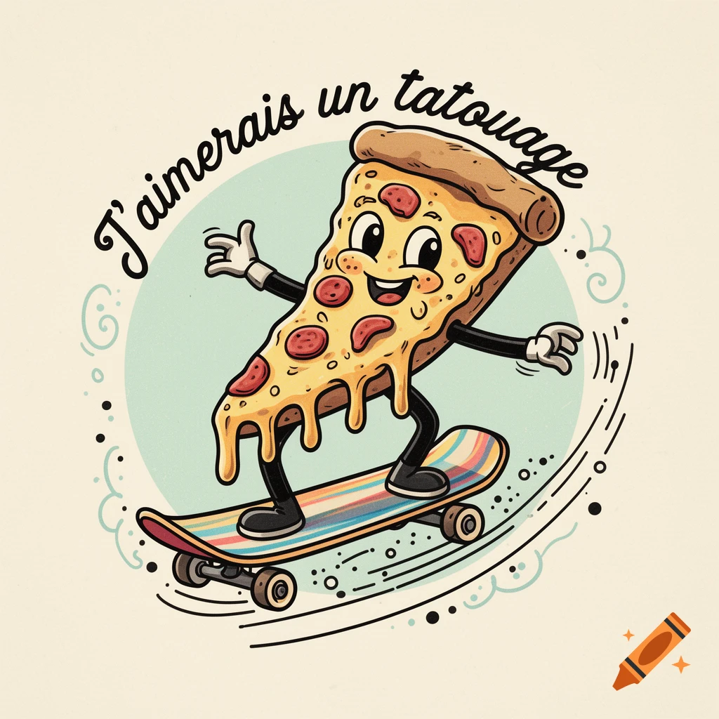 A happy, cartoon slice of pizza with pepperoni and melting cheese rides a colorful skateboard. Text says "J'aimerais un tatouage" in a rubberhose style.