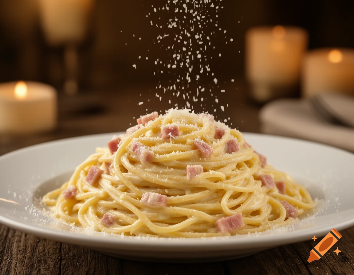 Close-up of creamy spaghetti carbonara with parmesan cheese being sprinkled, in a cozy Italian restaurant with warm lighting.