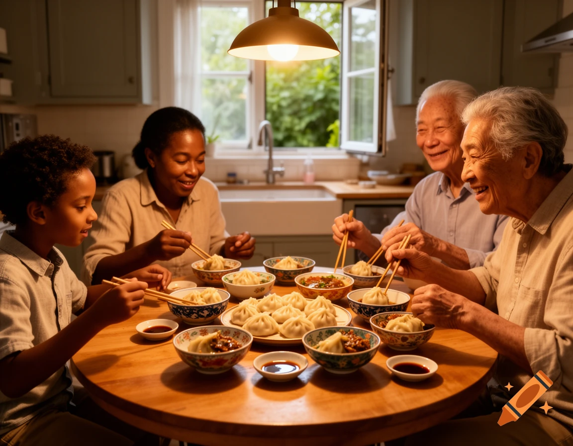 A multi-generational family smiles while eating dumplings with chopsticks around a round kitchen table.