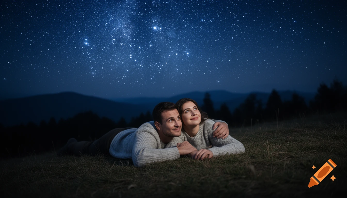 A man and woman lie on grassy ground, embracing and looking up at a vast, starry night sky with distant mountains.
