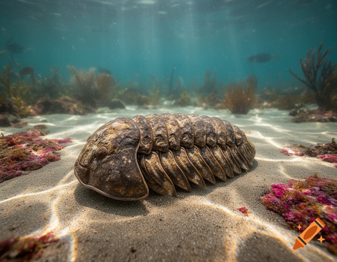 A detailed trilobite rests on the sandy ocean floor, surrounded by colorful coral and marine plants in clear blue water.