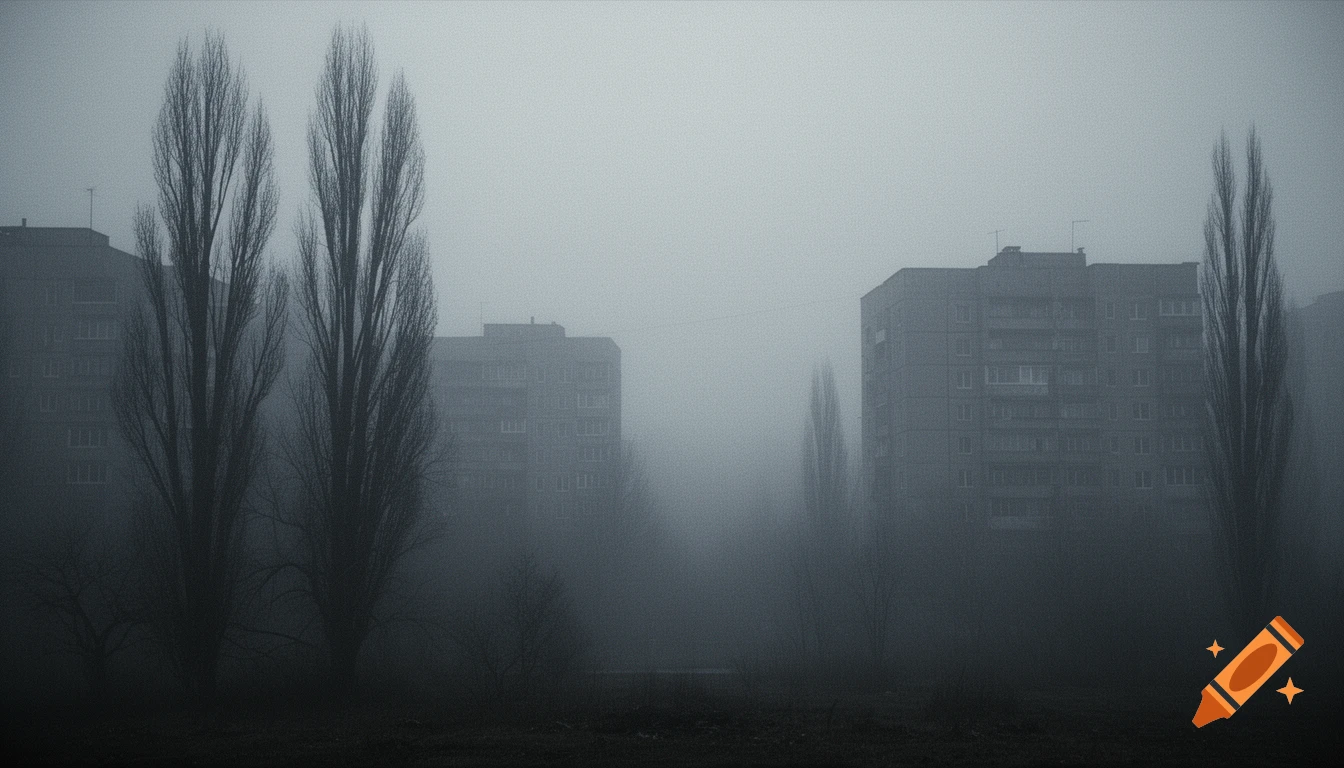 A dreary, foggy urban landscape with tall bare trees and soviet-style apartment buildings obscured by mist.