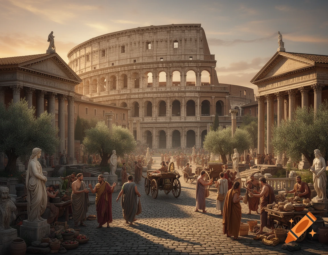 A photorealistic depiction of ancient Rome with the Colosseum, classical buildings, and a busy market street filled with people.
