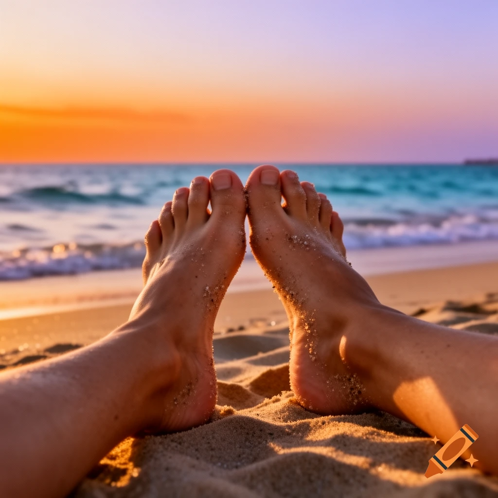 A person's feet are seen on a sandy beach with the ocean and a colorful sunset in the background.