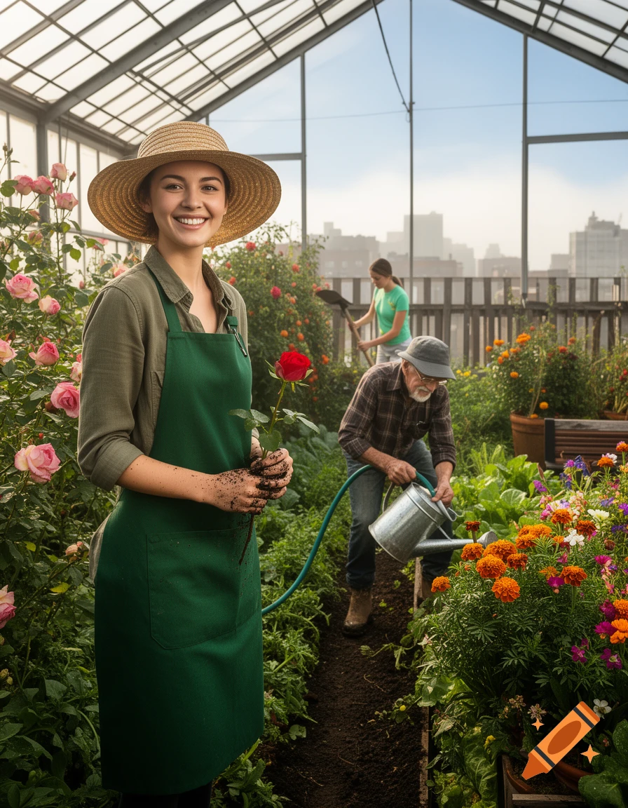 A smiling woman in a straw hat and green apron holds a rose in a bustling greenhouse with two other gardeners.