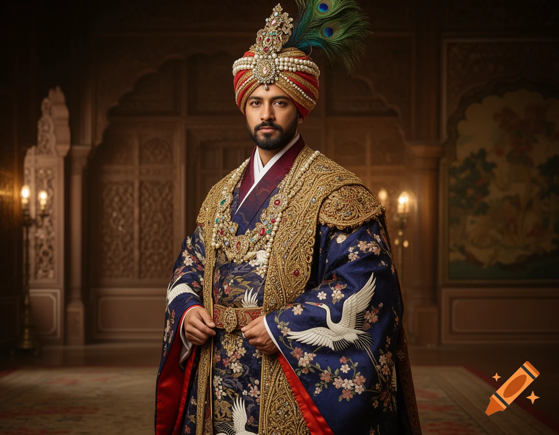 A man in an ornate blue and gold imperial robe with a pearl-studded turban and peacock feathers stands in a grand, ornate interior.
