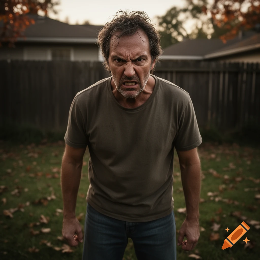A photorealistic portrait of an angry man with a scrunched face and gritted teeth, standing in a backyard with fallen leaves.