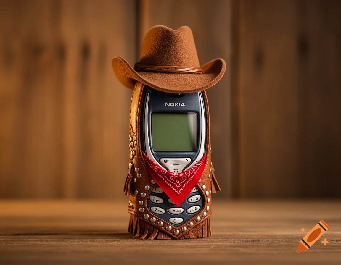 A Nokia phone wearing a cowboy hat, fringed leather vest, and a red bandana, standing on a wooden surface.